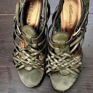 Green leather summer wood heeled sandals